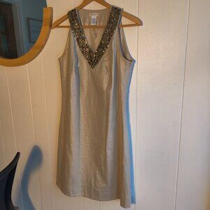 Linen Dress, Shimmering Beige Fabric and Beading at  V-neck, side zipper, Sz 6